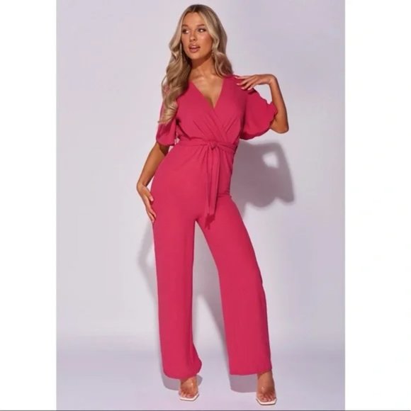 Pink Short Sleeve V-Neck Loose Fit Wide Leg Jumpsuit Playsuit - Picture 5 of 13